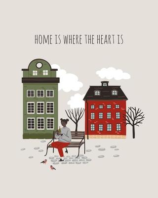 Cartoon Colorful building, bench with black afro girl.  Vector illustration with town for poster, card, print, design.