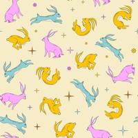 Seamless pattern with magical colorful hares or rabbits. Psychedelic style illustration vector