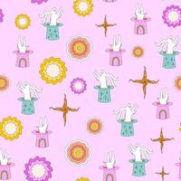 Seamless pattern with magical colorful hares or rabbits and abstract shapes. Psychedelic style illustration vector