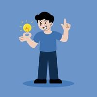 Creative man hold light bulb thinking idea flat cartoon illustration vector. vector