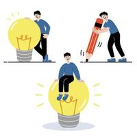 Collection of flat cartoon illustration vector peolple with Light bulb and pencil concept of Creativity, Thinking, Idea.