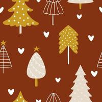 Gold and beige vector cartoon Christmas trees on a red background. Seamless pattern with cute winter decorations for wrapping paper for Christmas