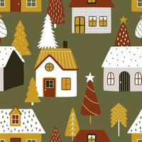 Cute houses among Christmas trees on green background. Seamless pattern for wrapping gifts for the New Year, and fabric vector
