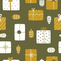 Hand-drawn vector gift boxes in hygge style for New Year and Christmas holidays on a green background. Seamless pattern for fabric, scraper, or wrapping paper