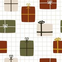 Cute red and green present gift box on a checkered background. Seamless vector winter pattern for Christmas and New Year celebration