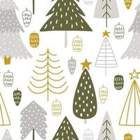 Cute hand-drawn Christmas trees with cones in Scandinavian style. Seamless vector pattern for the celebration of winter New Year and Christmas holidays