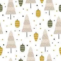 lindos árboles de navidad dibujados a mano para envolver papel o tela. patrón sin costuras con lindos adornos de invierno para envolver papel para navidad vector