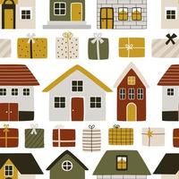 Cute hand-drawn houses with gift boxes in hygge style. Vector seamless pattern for Christmas and New Year gift wrapping paper