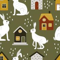 Cute bunnies and Scandinavian houses on a green background. Seamless vector pattern with animals and buildings in hygge colors.