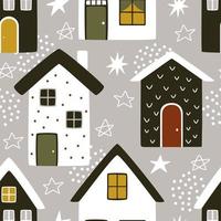 Cute Scandinavian houses with stars on gray background. Seamless vector pattern with buildings in hygge colors.