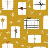 Hand-drawn vector gift boxes in hygge style for New Year and Christmas holidays on a gold background. Seamless pattern for fabric, scraper, or wrapping paper