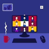 People talk to each other in front of the computer. Meeting, working from home vector