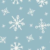 Doodle snowflakes seamless pattern. Vector illustration. White snowflakes on powder blue background. New Year and Christmas pattern for wrapping paper, greeting cards.