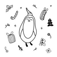Doodle penguin vector drawing. Christmas hand drawn illustration set.