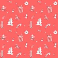Christmas hand drawn seamless pattern in doodle style. White elements on red background. vector