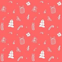 Christmas hand drawn seamless pattern in doodle style. White elements on red background. vector