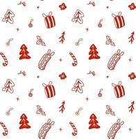 Christmas hand drawn doodle seamless pattern. Vector illustration. Red elements on white background.