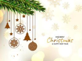 Merry Christmas festival background with decorative hanging items vector