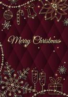 Greeting card design with snowflakes, copy space, symbols of Christmas. Elements are made of gold, bronze, silver jewelry chains. Deep red background with volume geometric rhombic grid. vector