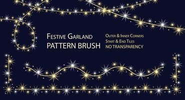 Pattern seamless brush with festive garland like sparkler. White and light yellow glowing sparkles, stars on wire strings. Full completed brush with corners, start and end tiles. No transparency vector