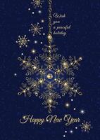 Greeting card design with hanging snowlake, text, stars. Elements are made of golden and silver jewelry chains. Inscription Happy New Year. Shiny sprakle stars on deep blue textured background vector