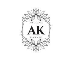 colección de logotipos de monograma de boda con letras iniciales ak, plantillas florales y minimalistas modernas dibujadas a mano para tarjetas de invitación, guardar la fecha, identidad elegante para restaurante, boutique, café en vector