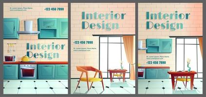 Interior design cartoon banners home, cafe kitchen vector