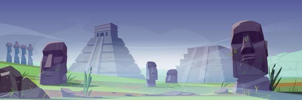 Ancient moai statues and mayan pyramids in fog vector