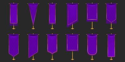 Pennant flags of purple and gold colors mockup vector