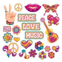 íconos hippies, signos de paz, amor y música vector