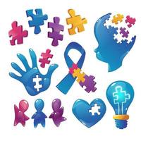 iconos de concienciación sobre el autismo piezas de rompecabezas, cabeza de niño