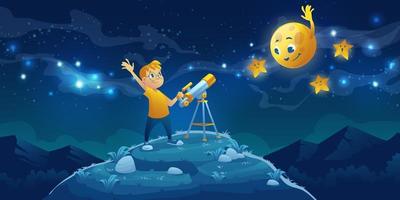 Child look in telescope, boy space observation vector