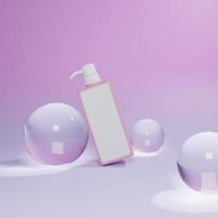 3D rendering pink lotion headpump bottle on violet gradient background with crystal ball photo