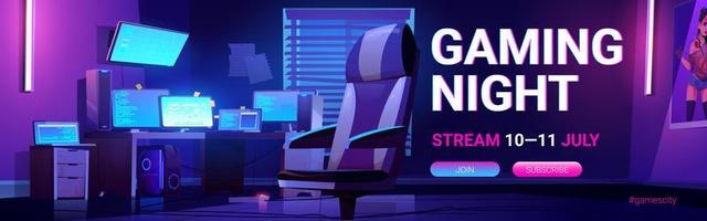 Gaming night stream banner with teen gamer room vector