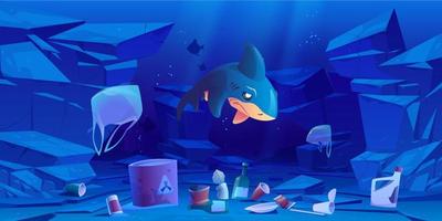 Sad shark, floating plastic bags and trash in sea vector