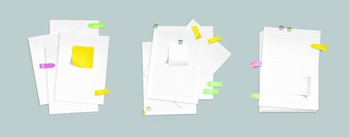 Paper sheet stacks with sticky notes and clips vector