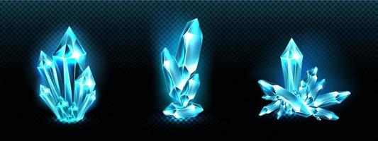 Crystal clusters with blue glowing light aura, set vector