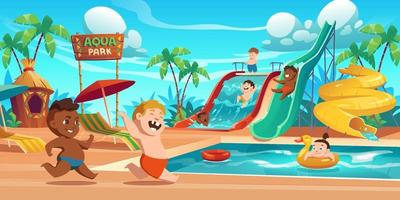 Kids in aquapark, amusement aqua park attractions vector