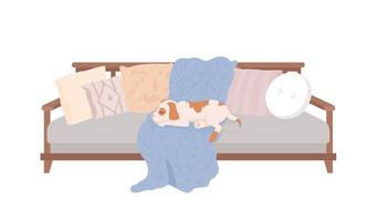 perro durmiendo en el sofá carácter vectorial de color semiplano. muebles domésticos. mascota de tamaño completo editable en blanco. ilustración de estilo de dibujos animados simple animal de compañía para diseño gráfico web y animación vector