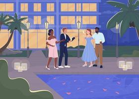 Fancy evening party near swimming pool flat color vector illustration. People in luxury attire drinking and chatting. Fully editable 2D simple cartoon characters with lighted building on background