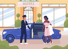 Ilustración de vector de color plano de servicio de contratación de conductor personal. dama elegante en vestido de lujo sentado en el coche. personajes de dibujos animados simples en 2d completamente editables con diseño exterior de hotel en el fondo