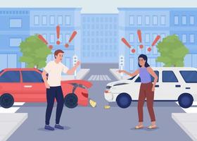 Quarrel due to cars collision flat color vector illustration. Angry woman and man blaming each other. Conflict. Fully editable 2D simple cartoon characters with downtown streets on background