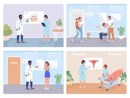 Medical service for patients flat color vector illustrations set. Doctor appointment. Fully editable 2D simple cartoon characters collection with hospital office on background