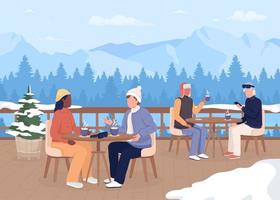 Dinner at ski resort flat color vector illustration. Drinking hot cocoa with marshmallows on veranda. Enjoying winter. Fully editable 2D simple cartoon characters with mountain landscape on background