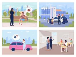 Police service flat color vector illustrations set. Security. Fully editable 2D simple cartoon characters pack with interior and city on background