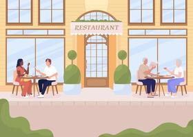 Having cozy dinner on restaurant terrace flat color vector illustration. Couples enjoying meals outside. Fully editable 2D simple cartoon characters with fancy exterior design on background