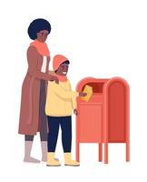 Mother and son drop letter in mailbox semi flat color vector character. Editable figure. Full body people on white. Post service simple cartoon style illustration for web graphic design and animation