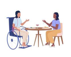 Disabled lady with friend in cafe semi flat color vector characters. Editable figures. Full body people on white. Inclusion simple cartoon style illustration for web graphic design and animation