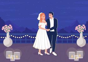 Romantic intimate atmospere on rooftop for newlyweds flat color vector illustration. Lovely smiling couple. Fully editable 2D simple cartoon characters with beautiful sky and stars on background