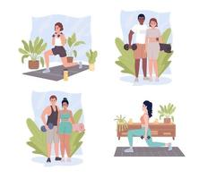 Healthy active lifestyle 2D vector isolated illustrations set. Sports training flat characters on cartoon background. Workout colourful editable scenes collection for mobile, website, presentation